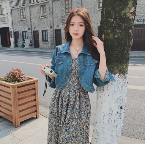 碎花连衣裙两件套牛仔外套